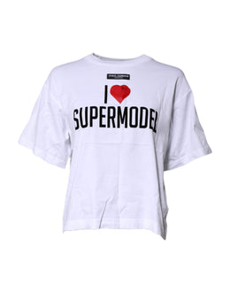 Dolce & Gabbana White Printed Round Neck Top Cotton T-shirt