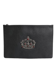 Dolce & Gabbana Black Calfskin Crown Embellished Clutch Pouch Bag