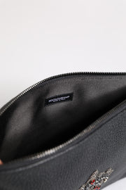 Dolce & Gabbana Black Calfskin Crown Embellished Clutch Pouch Bag