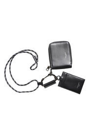 Dolce & Gabbana Black Leather Lanyard Zip Around Card Holder Wallet