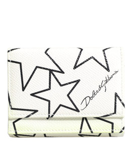 Dolce & Gabbana White Leather Trifold DG Star Print Card Holder Wallet