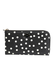 Dolce & Gabbana Black White Dotted Leather Zip Around Continental Wallet