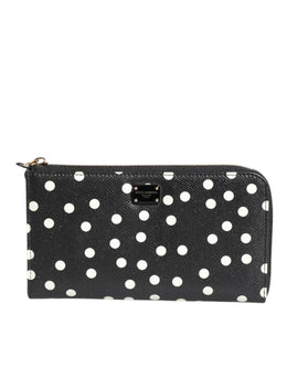 Dolce & Gabbana Black White Dotted Leather Zip Around Continental Wallet