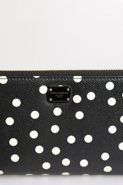 Dolce & Gabbana Black White Dotted Leather Zip Around Continental Wallet