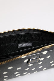 Dolce & Gabbana Black White Dotted Leather Zip Around Continental Wallet