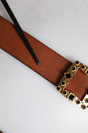 Dolce & Gabbana Brown Leather Gold Crystal Buckle Belt