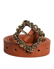 Dolce & Gabbana Brown Leather Gold Metal Baroque Buckle Belt
