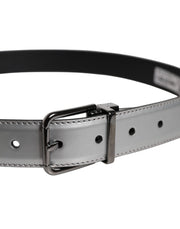 Dolce & Gabbana Silver Leather Classic Metal Logo Buckle Belt