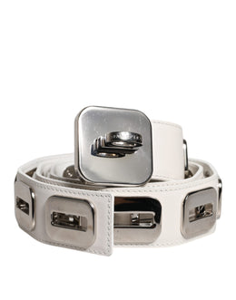 Dolce & Gabbana White Leather Gold Tone Rotating Buckle Belt
