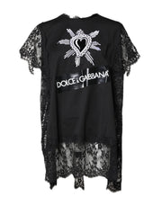 Dolce & Gabbana Black Lace Sheer Sacred Heart Crew Neck Top