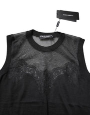 Dolce & Gabbana Black Lace Sheer Crew Neck Sleeveless Top