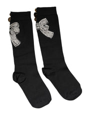 Dolce & Gabbana Black Knit Floral Crystal Embellishment Socks