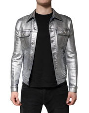 Dolce & Gabbana Silver Cotton Button Down Denim Biker Jacket