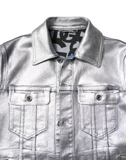 Dolce & Gabbana Silver Cotton Button Down Denim Biker Jacket