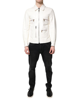 Dolce & Gabbana White Collared Full Zip Biker Coat Jacket