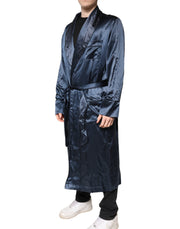 Dolce & Gabbana Blue Solid Silk Men Wrap Robe Coat Jacket