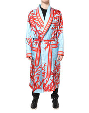 Dolce & Gabbana Blue Red Coral Print Wrap Robe Coat Jacket