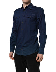 Dolce & Gabbana Blue Cotton GOLD Long Sleeves Casual Shirt