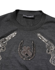 Dolce & Gabbana Gray Embroidery Knit Men Pullover Sweater