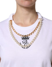 Dolce & Gabbana White Chain Pearl Cotton Round Neck T-shirt