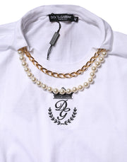 Dolce & Gabbana White Chain Pearl Cotton Round Neck T-shirt