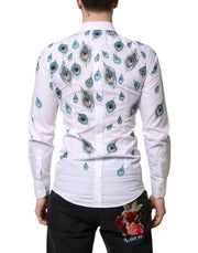 Dolce & Gabbana White Cotton Feather Print GOLD Dress Shirt