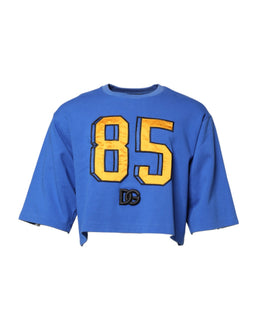 Dolce & Gabbana Blue Printed Cotton Cropped Crew Neck T-shirt