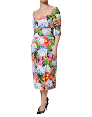 Dolce & Gabbana Multicolor Floral Pleated Sheath Midi  Dress