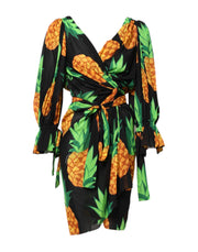 Dolce & Gabbana Black Pineapple Print Silk Wrap Mini Dress