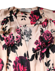 Laneus Pink Floral Silk Long Sleeves V-neck Wrap Mini Dress