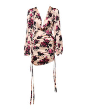 Laneus Pink Floral Silk Long Sleeves V-neck Ruched Mini Dress