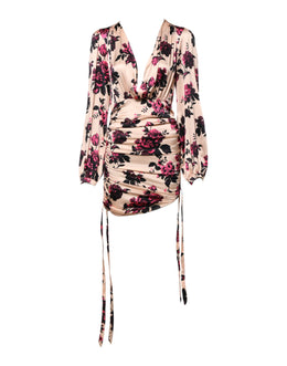 Laneus Pink Floral Silk Long Sleeves V-neck Ruched Mini Dress