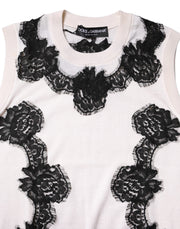 Dolce & Gabbana White Cashmere Floral Lace Detailing Tank Top