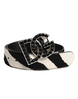 Dolce & Gabbana White Black Leather Zebra DG Crystal Buckle Belt