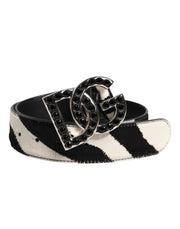 Dolce & Gabbana White Black Leather Zebra DG Crystal Buckle Belt