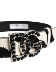 Dolce & Gabbana White Black Leather Zebra DG Crystal Buckle Belt