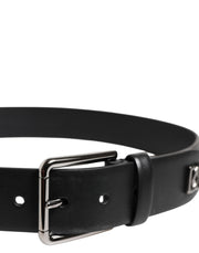 Dolce & Gabbana Black Calf Leather Studded Silver Buckle Belt