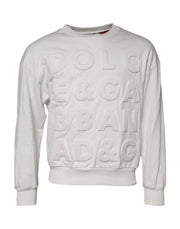 Dolce & Gabbana White Embossed Logo Cotton Crew Neck Sweater