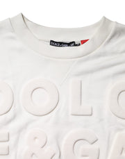 Dolce & Gabbana White Embossed Logo Cotton Crew Neck Sweater