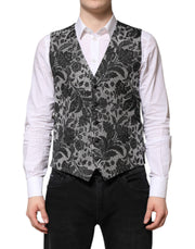 Dolce & Gabbana Black Gray Brocade Formal Men Waistcoat Vest
