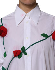 Dolce & Gabbana White Cotton Floral Appliques Dress Shirt Top