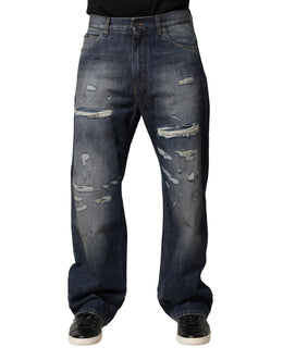 Dolce & Gabbana Blue Washed Tattered Cotton Men Jeans