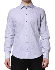 Dolce & Gabbana White Blue Striped Cotton Dress Formal Shirt