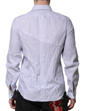 Dolce & Gabbana White Blue Striped Cotton Dress Formal Shirt
