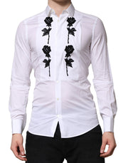 Dolce & Gabbana White Floral Embroidery Men GOLD Formal Shirt
