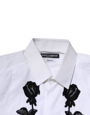Dolce & Gabbana White Floral Embroidery Men GOLD Formal Shirt
