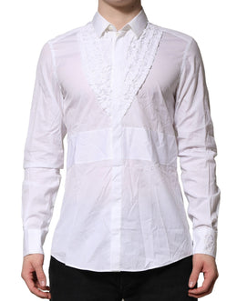 Dolce & Gabbana White Cotton Ruffled Detailing Formal Shirt
