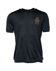 Dolce & Gabbana Dark Blue Silk Logo Patch Crew Neck T-shirt