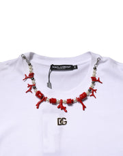 Dolce & Gabbana White Embellished Cotton Crew Neck T-shirt