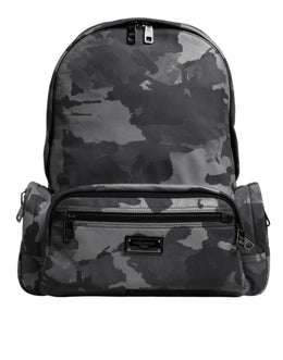 Dolce & Gabbana Gray Cotton Camouflage Logo Plaque Backpack Bag